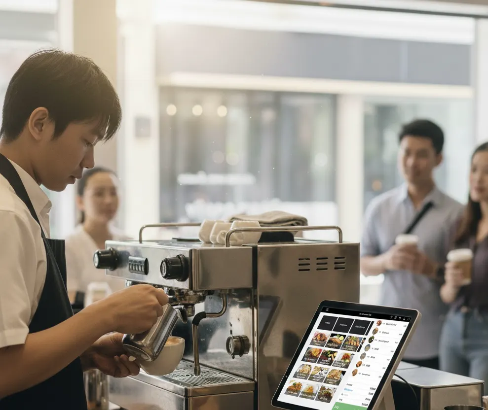 Café POS system in Singapore running on an iPad at a coffee counter