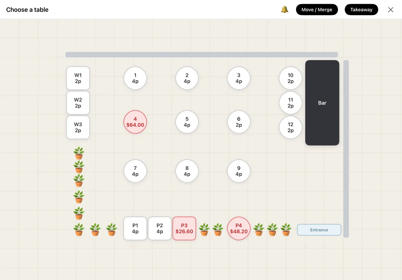 Dine-in floor plan with table occupancy
