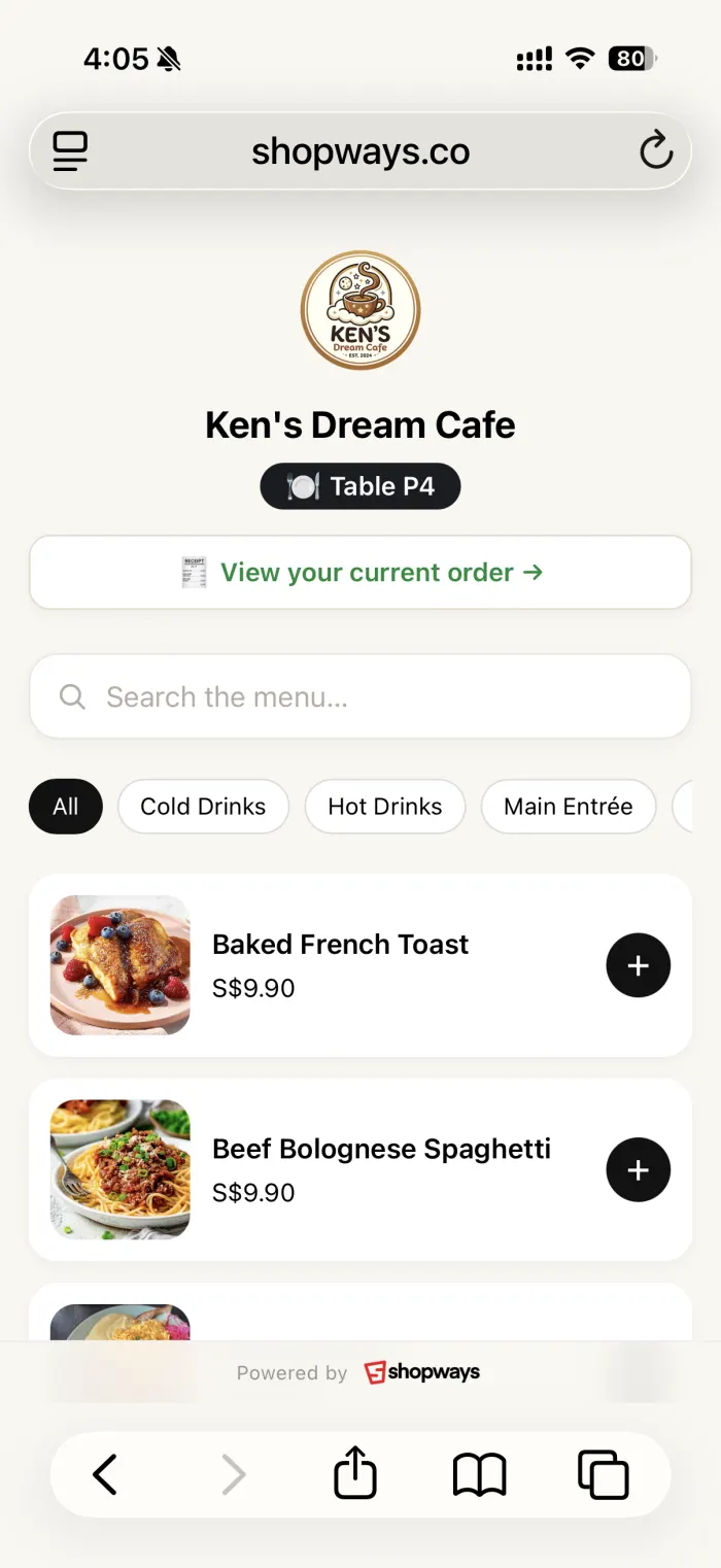 Customer QR ordering menu on a phone